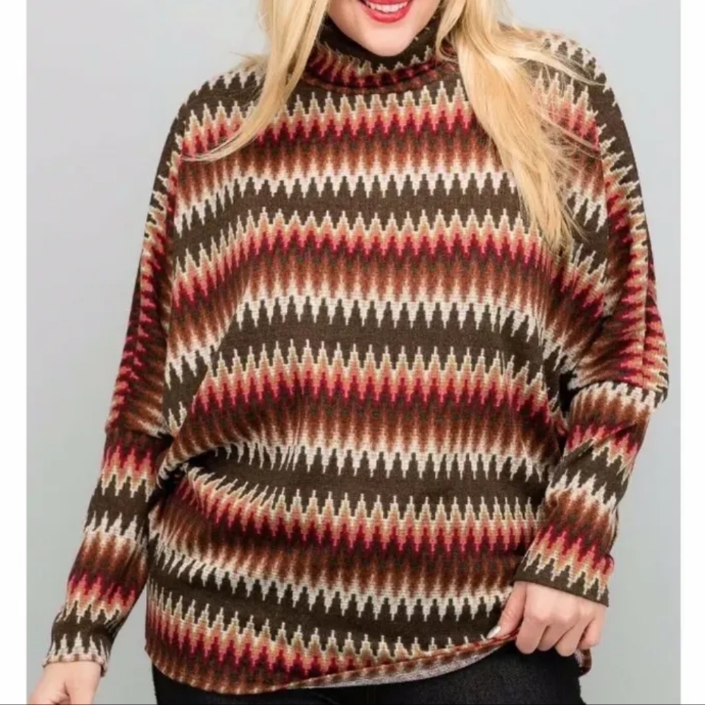 🧁B2G1🧁 Janette Plus Earthy Tones Chevron Pattern Bat-Wing Turtleneck Sweater